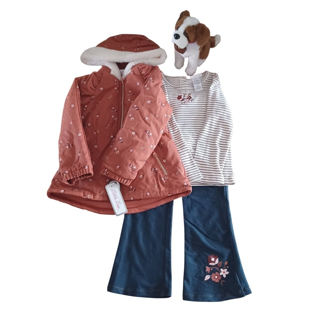 Little Lass Girls 4T 3 Pc Set Floral Hooded Jacket Striped Top Flare Pants NEW